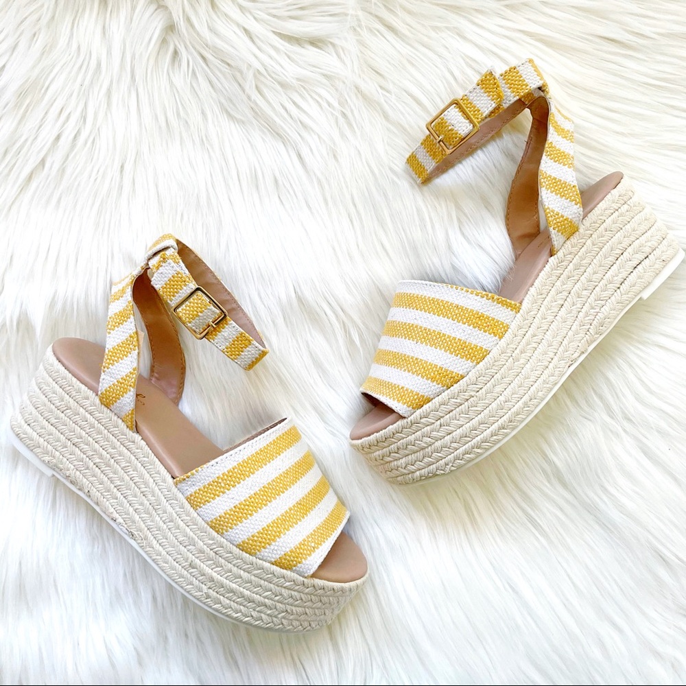 Yellow white platform espadrille wedge sandals - Picture 2 of 10